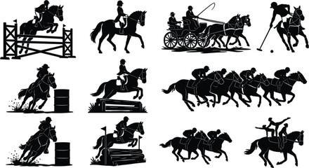 Naklejka premium Equestrian sports silhouette set featuring horse racing dressage show jumping polo barrel racing and carriage driving icons