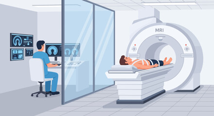 Fototapeta premium Medical MRI Scan: Patient and Technician in Modern Diagnostic Room