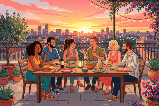Illustration Of Friends Having Dinner On A Rooftop Terrace At Sunset