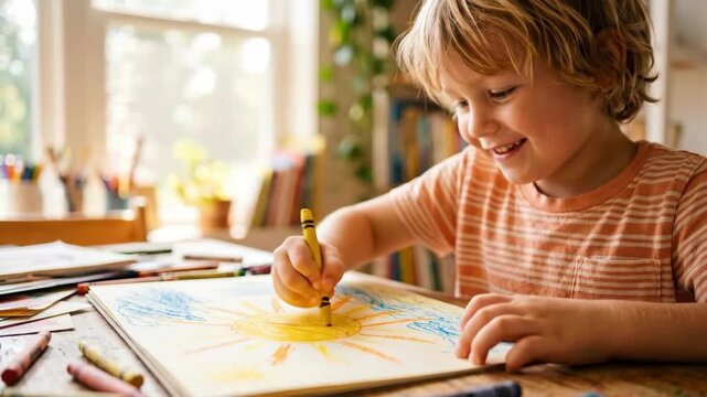 Boy drawing yellow sun with crayon on paper. Child creating vibrant artwork for World Sun Day. Summer sunshine creativity and kids imagination concept in home studio