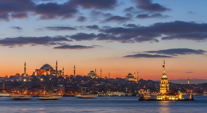 Historic city skyline at dusk with minarets and tower by the water
