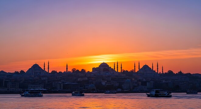 Historic skyline silhouette at vibrant sunset over calm water with boats