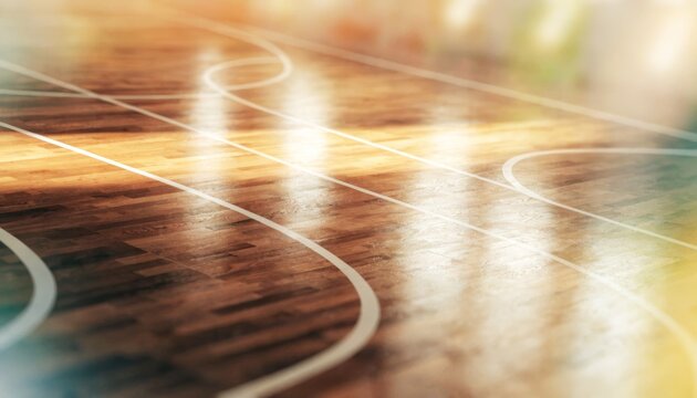 Polished wooden basketball court with glowing lines and warm lighting