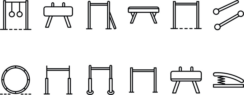 Set of linear gymnastics equipment icons including rings, pommel horse, horizontal bars, and vaulting springboard for professional sports design.