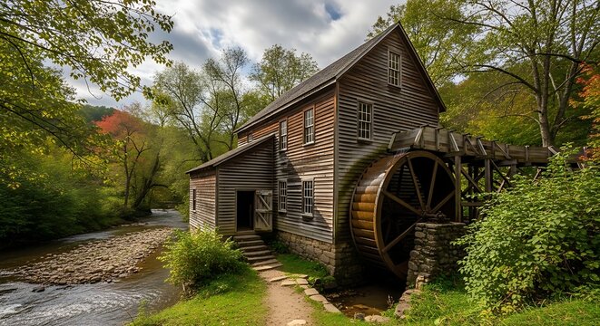 Historic wooden watermill building by stream surrounded by green nature