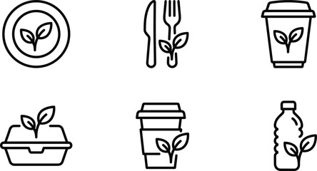 Fototapeta premium Set of linear icons representing eco-friendly food, sustainable packaging, biodegradable materials, and green dining habits for environmentally conscious branding