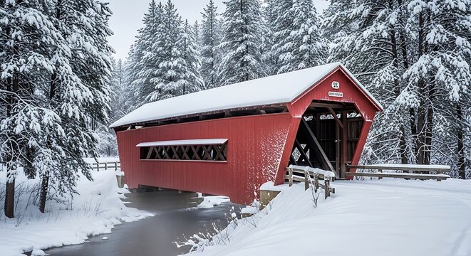 Iconic red covered bridge nestled among snow dusted pine trees