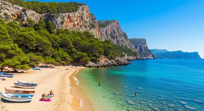 Idyllic coastal landscape with sandy beach turquoise water and rocky cliffs