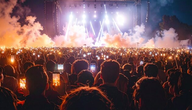 Large crowd enjoys a concert, illuminated by stage lights and mobile phones