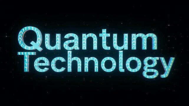 Quantum technology text title rendered with glowing blue binary code particles and dynamic motion in this high quality digital animation sequence featuring a sleek futuristic typography style that pul
