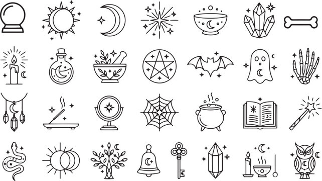 Black line icons of mystical and magical symbols