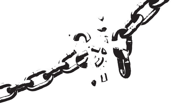 High contrast grunge broken steel chain link exploding into tiny fragments representing liberation vector illustration background