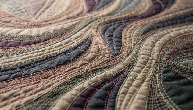 Medium shot capturing abstract decorative detailing featuring freeform quilting and varied stitch directions adding dynamic texture and bold visual interest to fabric surfaces.