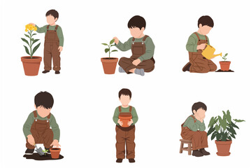 Flat vector illustration set of a little boy gardening, watering plants and caring for nature in various poses © Pelabuhan