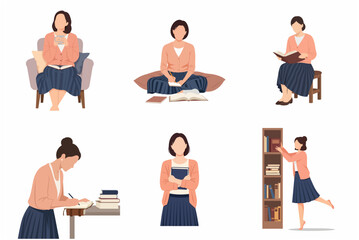 Fototapeta premium Set of flat vector illustrations of a young woman reading books, writing in a journal, and studying in various poses, minimalist lifestyle concept