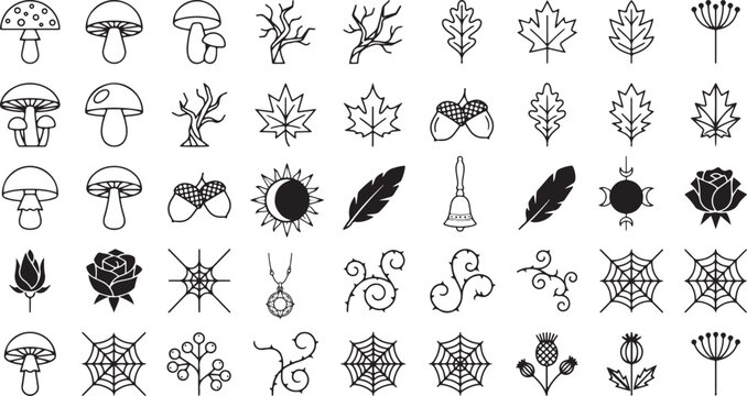 Black line art icons of nature and symbols
