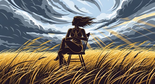 Woman sits in a wooden chair amidst a golden wheat field during a dramatic storm with dark clouds.