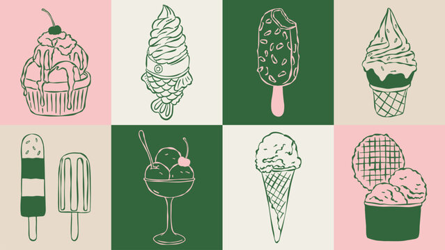 Hand drawn ice cream dessert collection featuring sundae, popsicles, soft serve, banana split, waffle cone, gelato cup, and fish-shaped ice cream in vintage line art style