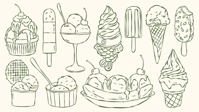 Hand drawn ice cream dessert collection featuring sundae, popsicles, soft serve, banana split, waffle cone, gelato cup, and fish-shaped ice cream in vintage line art style
