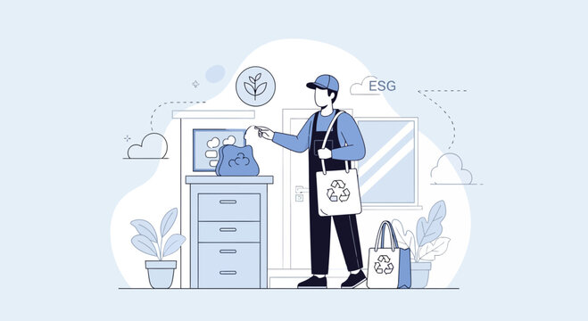 Delivery person with reusable bags, ESG concept, eco friendly delivery service