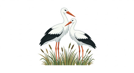 Obraz premium two white storks standing in a swamp vector illustration