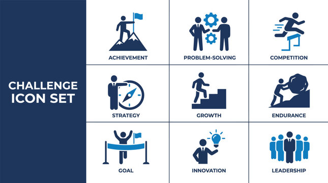 Challenge icon set with goals, obstacles, competition, hurdle, issue, overcome, resolve, rivalry, success, problem solving symbols. clean vector icons for apps, web, business design.