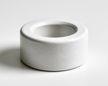White, circular stone object with smooth surface and central depression.