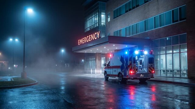 Ambulance arrives at hospital emergency unit at night during rainy weather