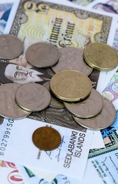 Icelandic krona money bills and coins on table. Iceland cash of ISK currency close up