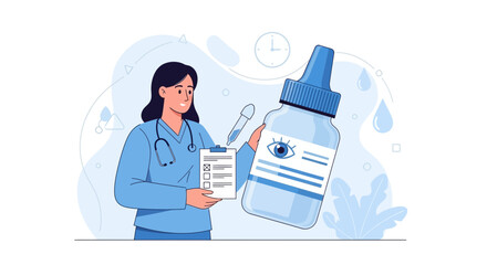 Fototapeta premium Ophthalmologist Holds Eye Drops Bottle and Checklist, Representing Eye Care and Vision Health