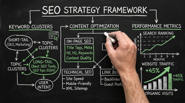 A diagram illustrating the SEO strategy framework with hand-drawn elements on a chalkboard, detailing keyword clusters, content optimization, and performance metrics