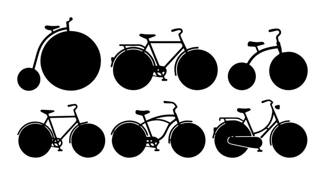 Vintage Bicycle Silhouettes, Retro Transport Collection, Classic Cycling Icons, Historical Vehicles Set
