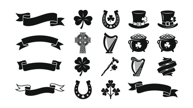 St. Patrick's Day silhouette icon set. Irish celebration banners, shamrock clover, leprechaun hat, and celtic cross vector elements.