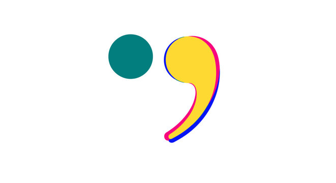 Vibrant, colorful semicolon symbol with a teal dot and a yellow, pink, and blue comma on a white background.