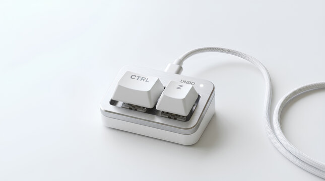 A white custom keyboard macro pad with two keys, Ctrl and Z, connected via a white cable. The pad sits on a white surface.