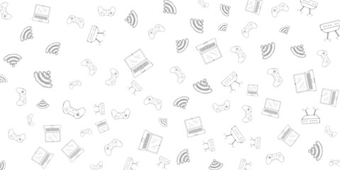 Seamless Gaming and Technology Doodle Pattern Background with Game Controllers, WiFi Signals, Laptops and Digital Devices Vector Illustration © Achmad Sukriyadi