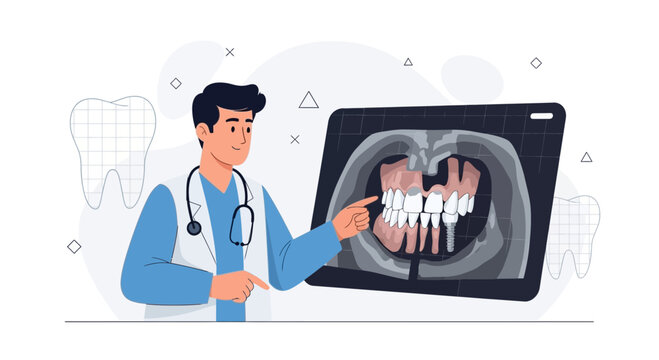 Dentist examining dental x-ray of teeth, showing missing teeth and implants, modern flat illustration style