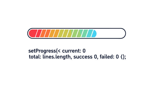 A colorful progress bar with code snippets indicating progress and status.
