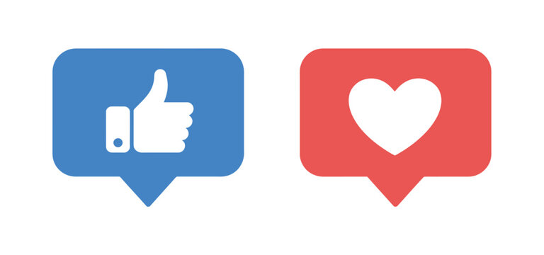 like and love icon button set featuring thumbs up and heart symbols in speech bubble shapes, social media reaction and engagement concept, clean modern vector illustration.