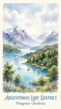 A beautiful watercolor painting depicting the scenic Argentinian Lake District in Patagonia, featuring snow-capped mountains, turquoise waters, lush pine forests, and charming lakeside buildings.