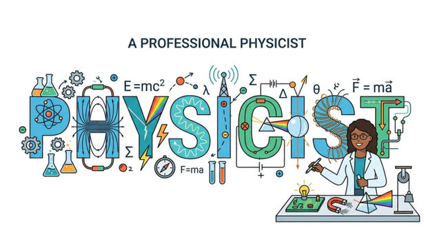 Professional physicist text banner with woman scientist and formulas
