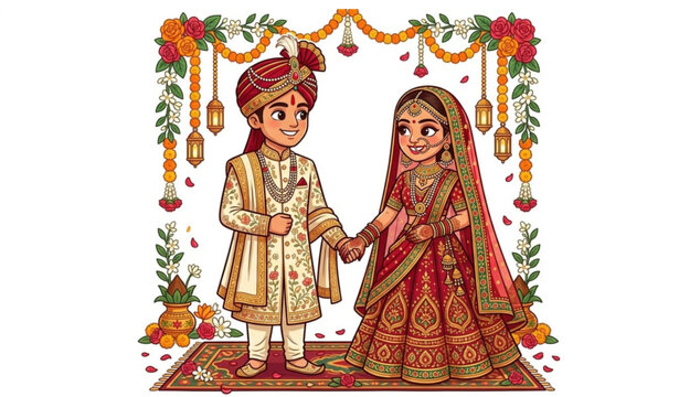 Traditional Indian wedding couple vector cartoon illustration