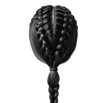 Top View of a Womans Dark Hair Styled in Two French Braids Tied into a Single Ponytail.