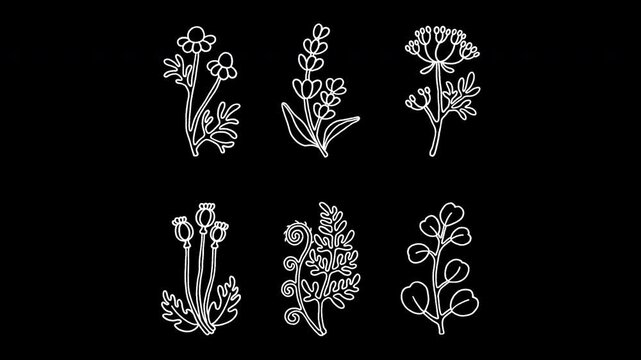 Alpha channel loopable 2D botanical pattern animation. Isolated white line art of lavender, chamomile, Queen Anne&rsquo;s lace, eucalyptus, poppy, fern. Chalk sketch, vibrating lines, wiggly doodle effect.
