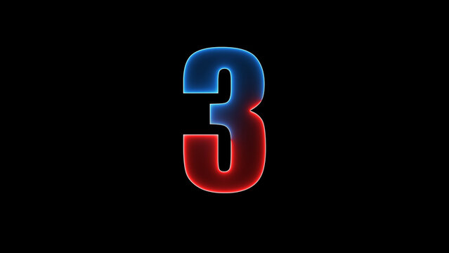 Number three in a modern glowing neon font with a vibrant blue and red gradient effect as a digital typography element isolated on black background for creative design