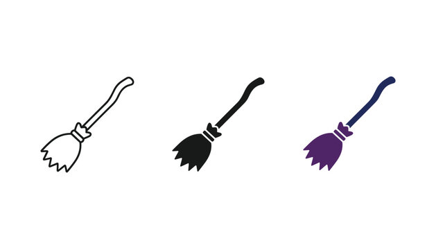 Witch broomstick icons for Halloween and magical themes in three varied artistic styles