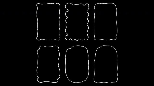 Alpha channel loopable 2D vintage frame animation. Isolated minimalist white line art icons borders with wavy edges. Chalk sketch with vibrating lines and wiggly doodle effect graphic overlay.
