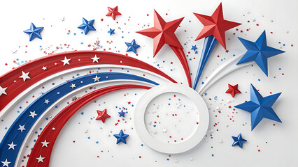 Obraz premium Patriotic 3D illustration with red, white, and blue stars and dynamic swooshes on a white background