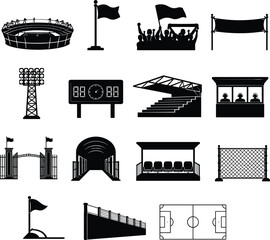 Stadium and Sports Arena Vector Silhouette Icons: Scoreboard, Bleachers, Floodlights, Fan Crowd, Pitch Layout, and Professional Match Venue Equipment Elements for Graphic Design Projects. © MD FARID