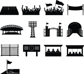 Premium Stadium and Sports Arena Silhouette Icon Set Featuring Crowds, Floodlights, Scoreboards, Player Tunnels, Dugouts, and Grandstand Architecture for Athletic Event Design Assets © MD FARID